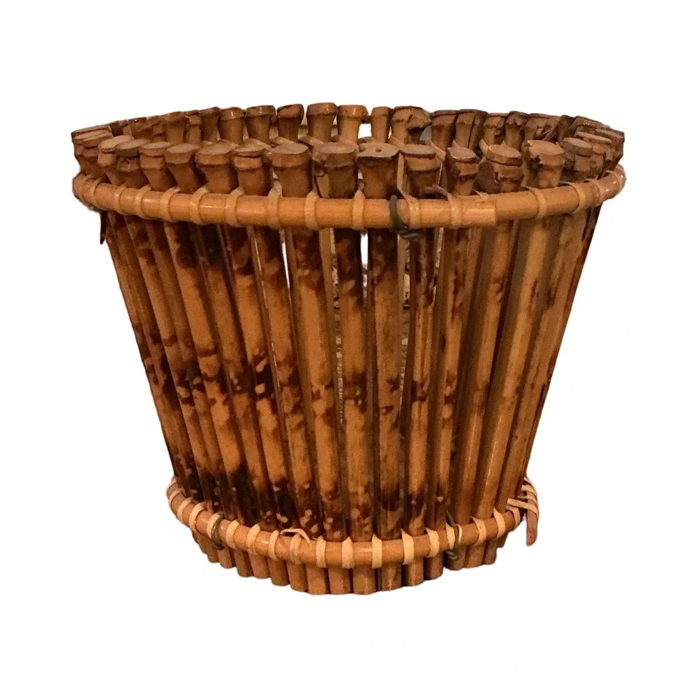 Vintage Bamboo Slat Basket Tapered Wicker Wood Base Boho Decor 5.25 x 4.5